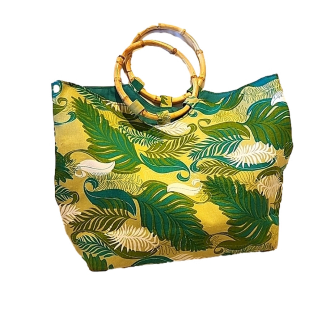 Vintage canvas green floral small top handle  tote excelent condition